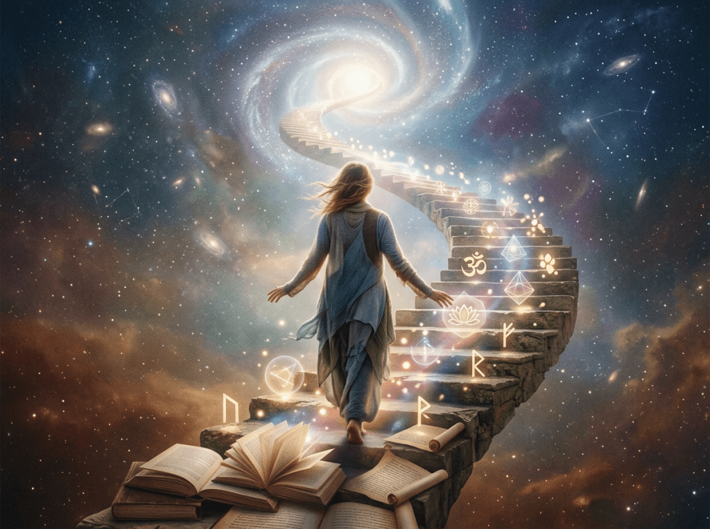 A person ascending a spiral stone staircase into a cosmic spiral with floating books and glowing spiritual symbols